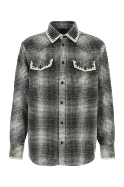 Golden Goose Wool Blend Long Sleeve Checked Shirt In Gray