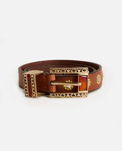 Golden Goose Belt With Amber Inserts Leather Body With Metallic Gold Flower Details Belts Brown In Gold