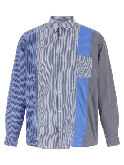 Comme Des Garçons Patchwork Patterned Cotton Poplin Shirt With Fringed Hem In Blue