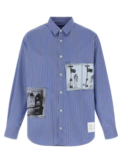 Comme Des Garçons Striped Shirt With Graphic Patches And Collar In Blue