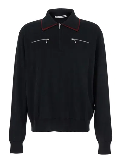 Jil Sander Black Sweater With Classic Collar And Front Zip Pockets In Wool Man In Black