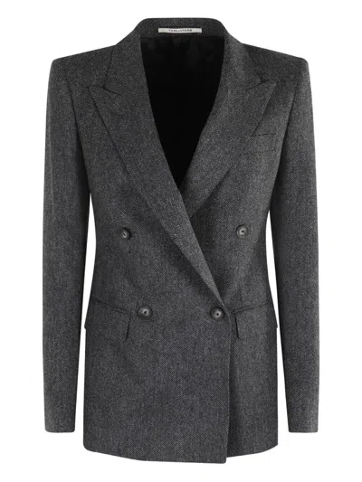 Tagliatore Double-breasted Herringbone Blazer With Notched Lapel In Gray