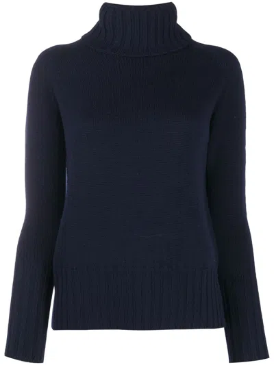 Drumohr Navy Merino Roll Neck Sweater With Ribbed Detailing In Black