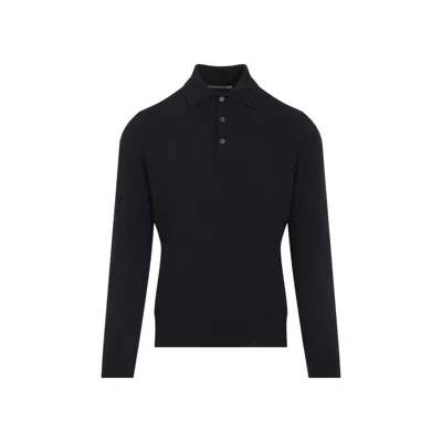 Brunello Cucinelli Grey Long Sleeves Wool Polo In Black