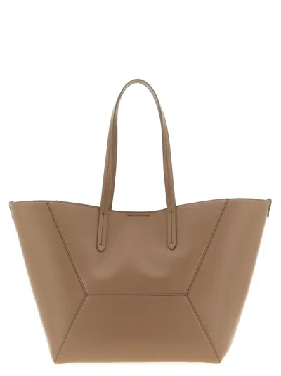 Brunello Cucinelli Beige Tote Bag With Logo Lettering On The Front And Geometric Panels Design In Leather Woman In Nude