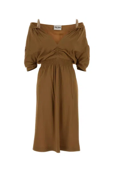 Miu Miu Off-shoulder Midi Dress Featuring Ruched Detail In Brown