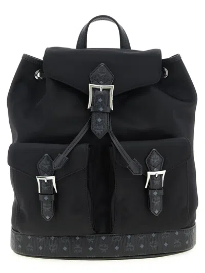 Mcm Straps Adjustable Buckle Front Pockets Top Handle In Black