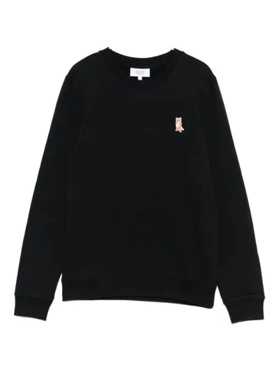Maison Kitsuné Fox Embroidered Cotton Sweatshirt With Crew Neck In Black