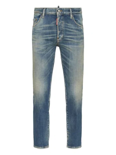 Dsquared2 Men Blue Jeans With Logo Patch On The Rear And Distressed Effect In Denim Man In Blue