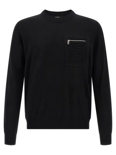Fendi Regular Fit Wool Blend Pullover With Pockets In Black