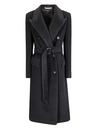 Tagliatore Long Belted Double-breasted Wool Coat In Black