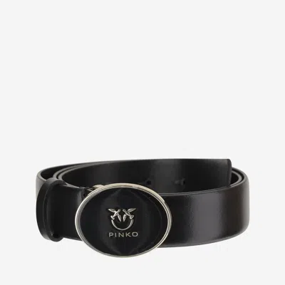Pinko Black Belt With Logo Plaque Closure In Leather Woman In Gold
