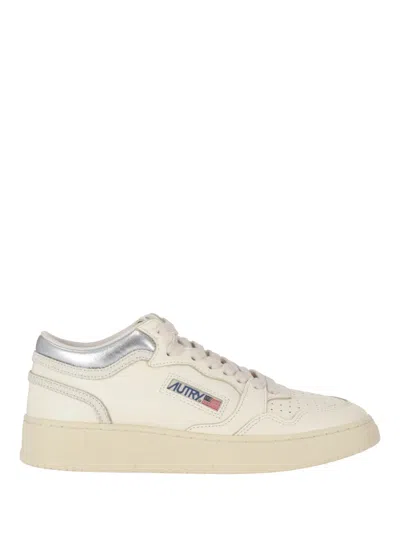 Autry Mid Cut Leather Sneakers With Metallic Detail In White