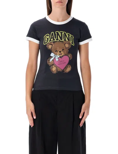 Ganni Graphic Print Crew Neck Short Sleeve Top In Black