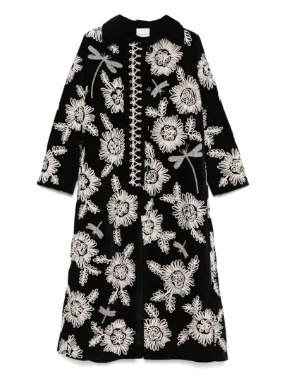 Forte Forte Long Coat With Floral Embroidery And Pockets In Black