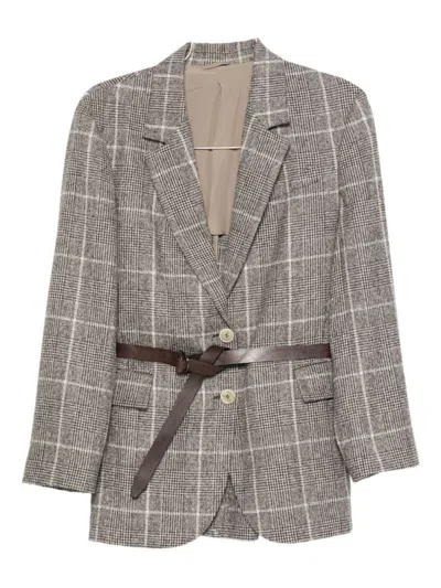 Brunello Cucinelli Belted Checked Wool Jacket With Pockets In Gray