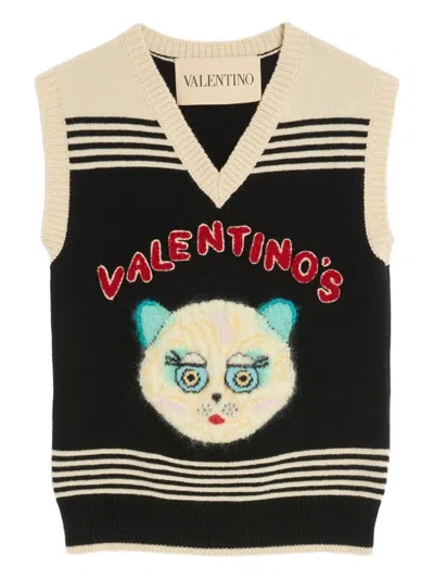 Valentino Cat Motif Wool Sleeveless Vest In Neutral