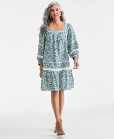 Style & Co Women's Cotton Printed Crochet-trim Shift Dress, Macy's Exclusive In Blue