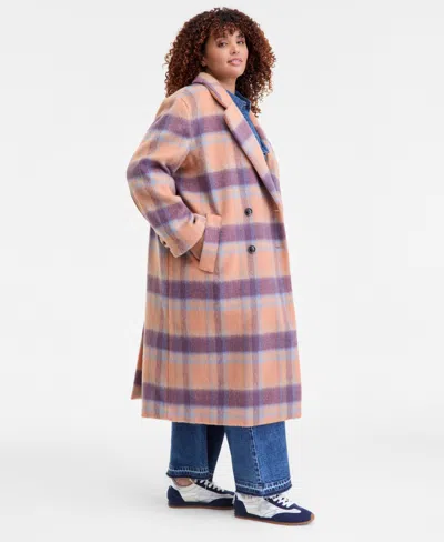On 34th Trendy Plus Size Plaid Double-breasted Coat, Macy's Exclusive In Orange