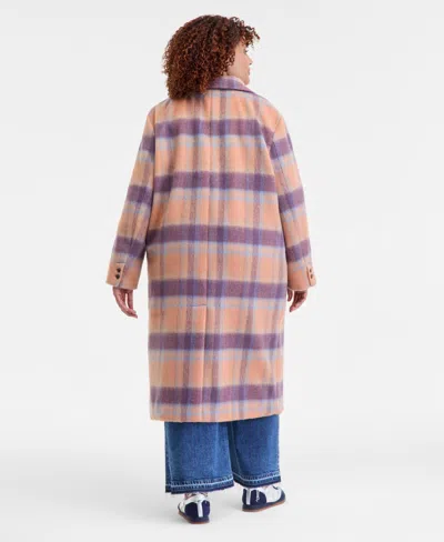 On 34th Trendy Plus Size Plaid Double-breasted Coat, Macy's Exclusive In Orange