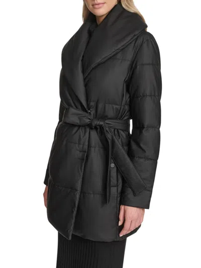 Andrew Marc Adela Faux Leather Shawl Collar Quilted Wrap Coat In Black