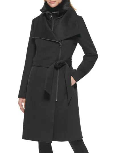 Karl Lagerfeld Asymmetric Wool Blend Coat With Removable Faux Shearling Bib In Black