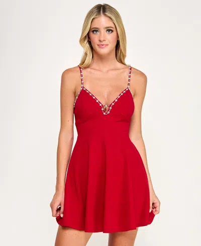 City Studios Juniors' Beaded Fit And Flare Short Dress In Red