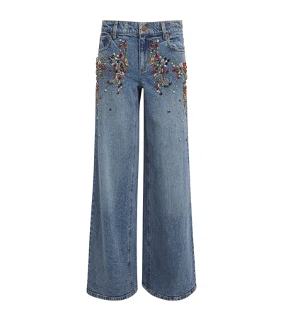 Alice And Olivia Amazing Low Rise Embellished Baggy Jeans In Brooklyn Blue In Blue