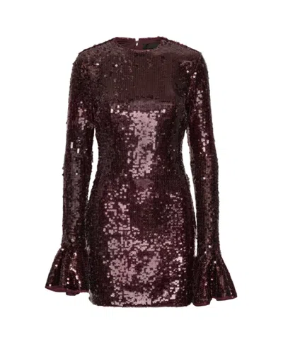 Rotate Birger Christensen Bordeaux Sequin Crewneck Mini Dress With Flared Sleeves In Tech Fabric Stretch Woman In Brown