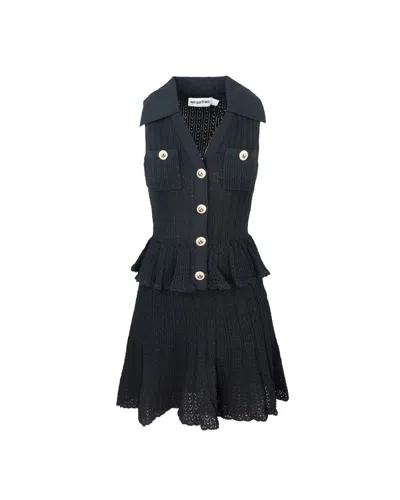 Self-portrait Abito Mini Black Pointelle Knit In Black