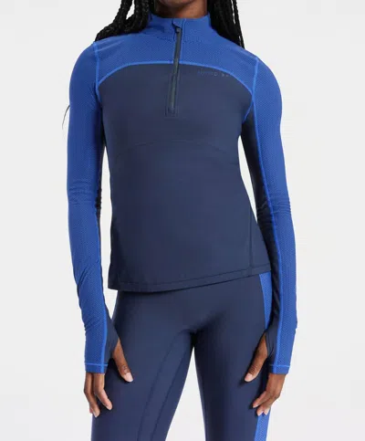 Bandier Pro Fleece 1/4 Zip Color Block Long Sleeve Top In Navy Blazer/blue Herringbone In Multi