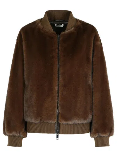 P.a.r.o.s.h . Faux Fur Bomber Jacket With Textured Appearance And Ribbed Details In Brown