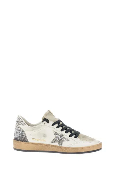 Golden Goose Ballstar White Low Top Sneakers With Glittered Star Patch On The Side And Glittered Heel With Logo L In Multi