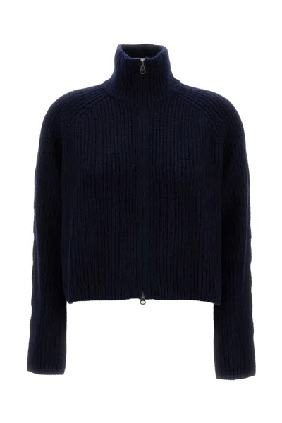 Lisa Yang High-neck Ribbed Knit Cardigan With Metal Zipper In Blue