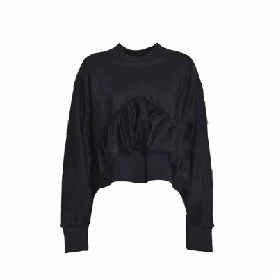 Msgm Black Cotton Crewneck Sweatshirt Covered In Tulle In Black