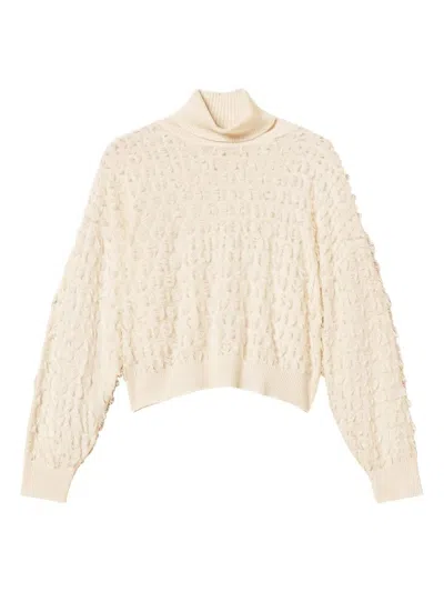 Twinset Twin-set Textured Knit Sweater With High Neckline And Oversized Sleeves In Neutral