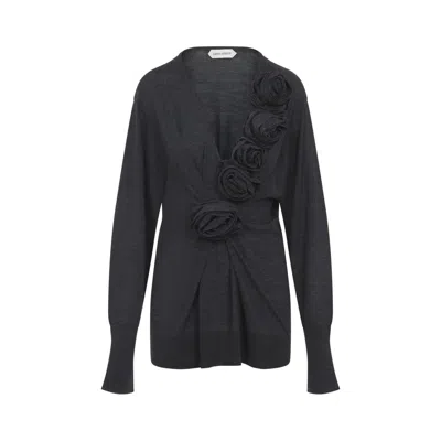 Alberta Ferretti Black Long-sleeved Cardigan With Sculptural Rosettes In Black