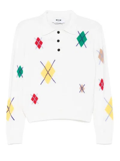 Msgm Cropped White Sweater With Colorful Argyle Patterns And Classic Collar In White