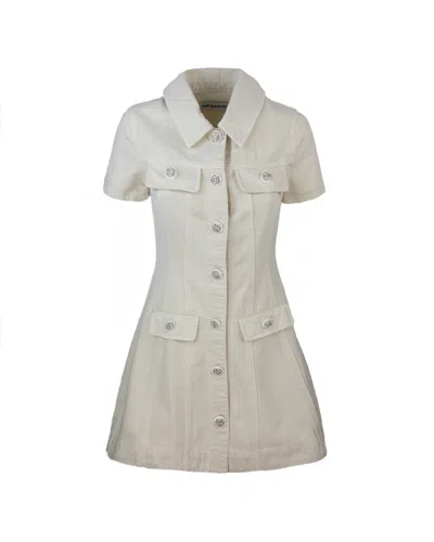 Self-portrait Structured Beige Dress With Classic Collar And Flap Pockets In White