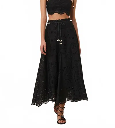 Zimmermann Flared Midi Skirt With Embroidered Openwork Design In Black