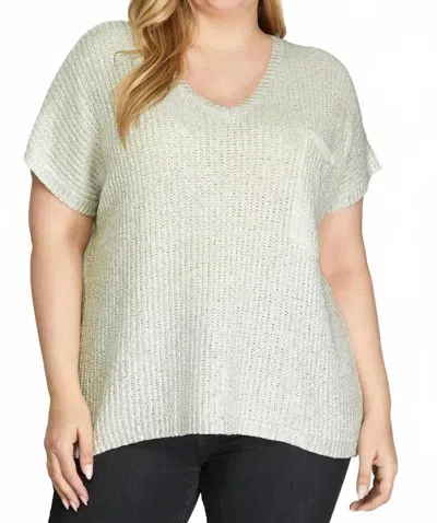 She + Sky Short Sleeve V Neck Metallic Coated Sweater In Off White In Green