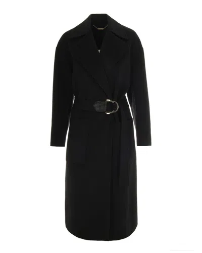 Liu •jo Knee-length Coat With Classic Lapel And Distinctive Buckle Detail In Black
