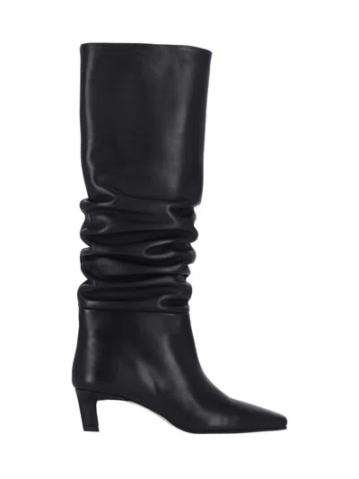 Alohas Mid-calf Black Leather Boots With Pointed Toe And Relaxed Texture In Multi