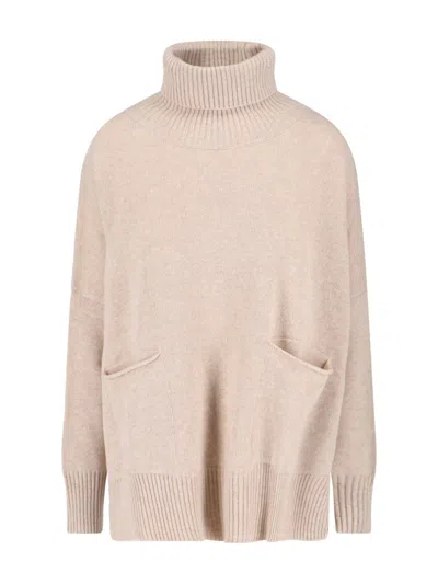 Ma'ry'ya High Neck Cashmere And Virgin Wool Sweater With Side Slits In Neutral