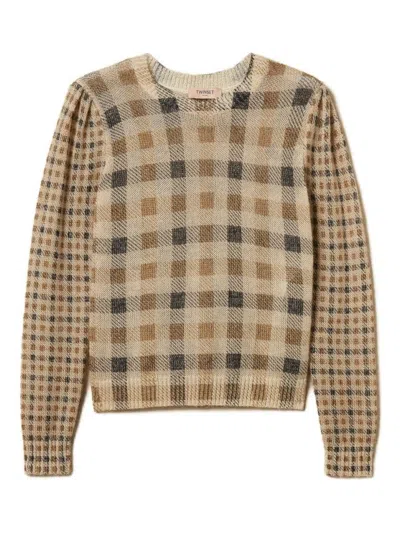 Twinset Checkered Knit Sweater With Puffed Sleeves In Multi