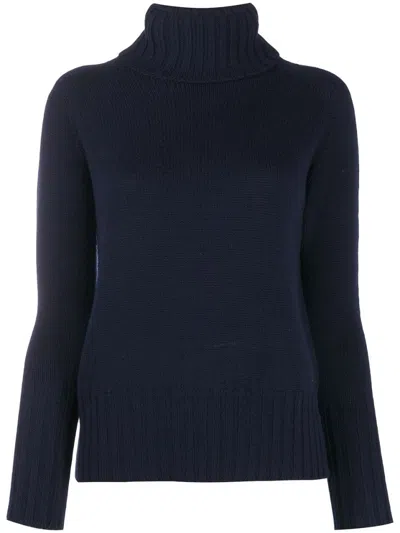 Drumohr Navy Merino Roll Neck Sweater With Ribbed Detailing In Blue