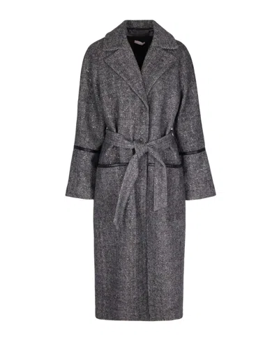 Liu •jo Herringbone Pattern Coat With Sequin Embellishments And Belted Waist In Gray