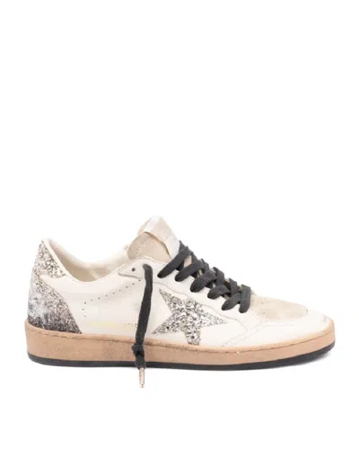 Golden Goose Ballstar White Low Top Sneakers With Glittered Star Patch On The Side And Glittered Heel With Logo L In Nude