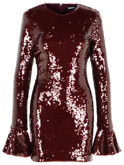 Rotate Birger Christensen Bordeaux Sequin Crewneck Mini Dress With Flared Sleeves In Tech Fabric Stretch Woman In Brown