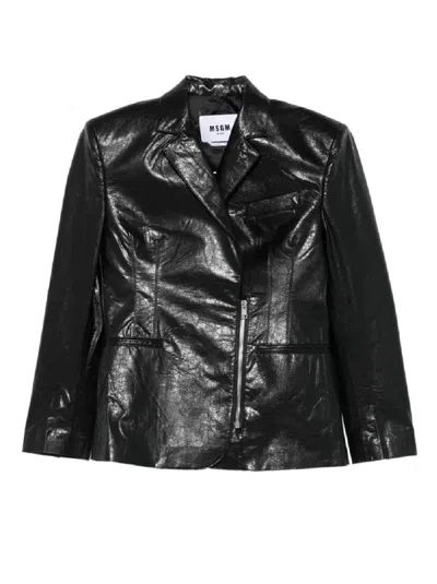 Msgm Structured Black Jacket With Glossy Finish And Notched Lapel In Black